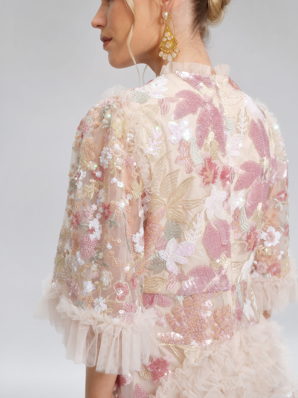 3D Floral Sequin Tulle Ruffle Dress
