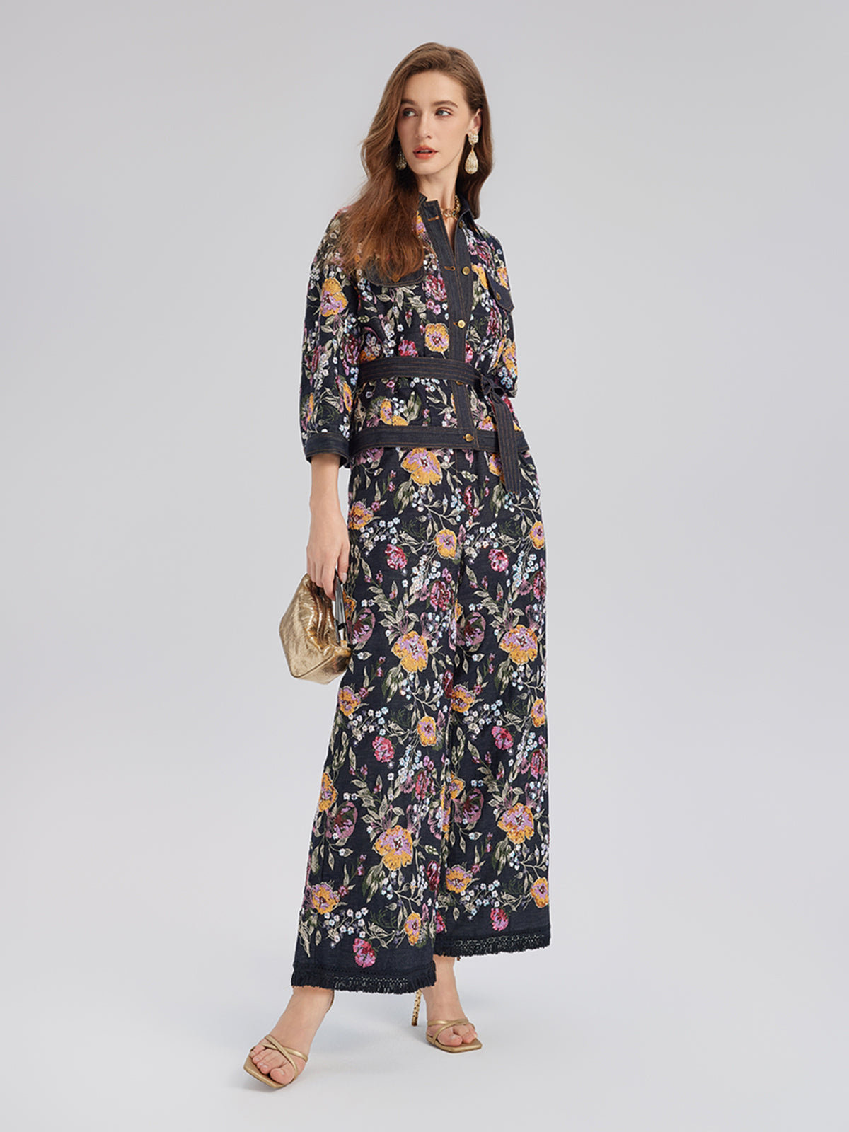 Sequin-Embroidered Denim Raw-Edge Pants