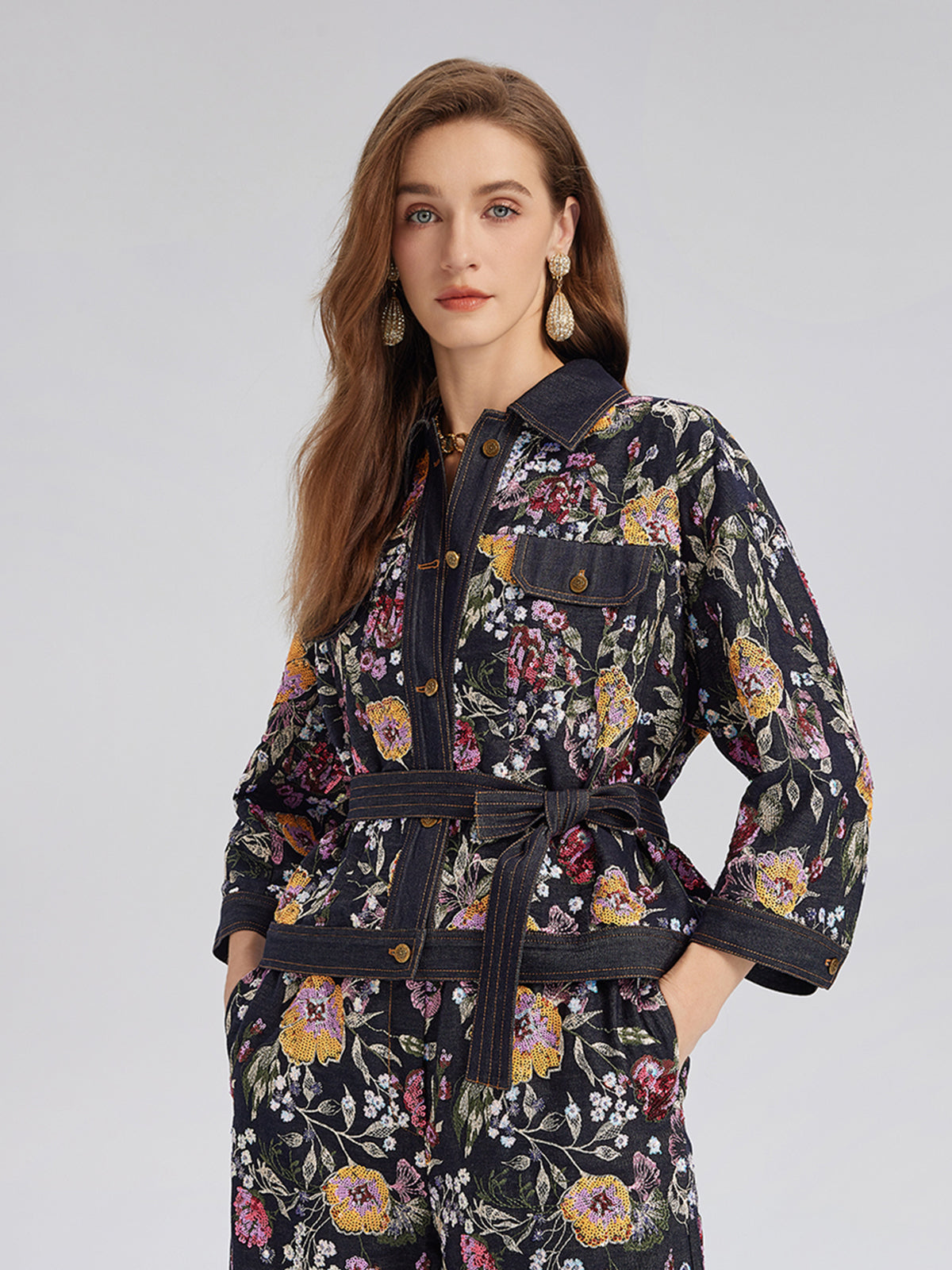 Sequin-Embroidered Floral Denim Jacket