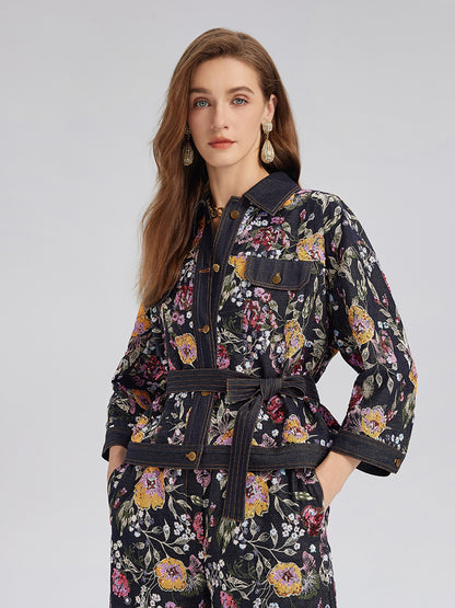 Sequin-Embroidered Floral Denim Jacket