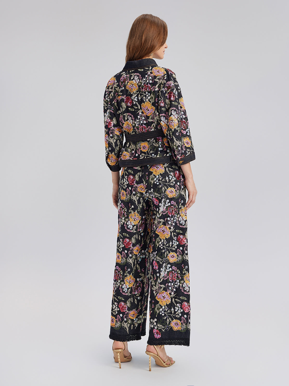 Sequin-Embroidered Denim Raw-Edge Pants