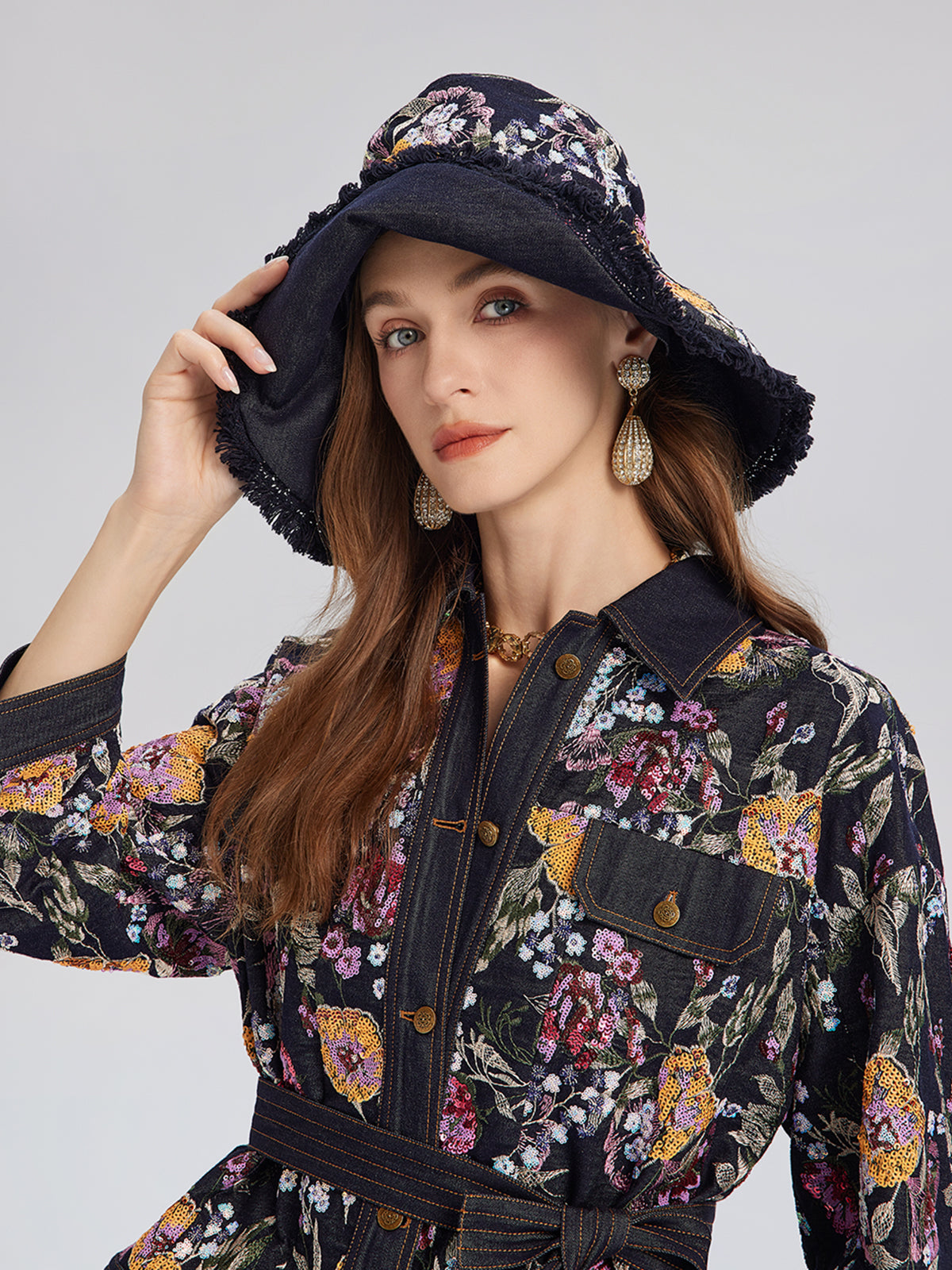 Sequin-Embroidered Floral Denim Jacket