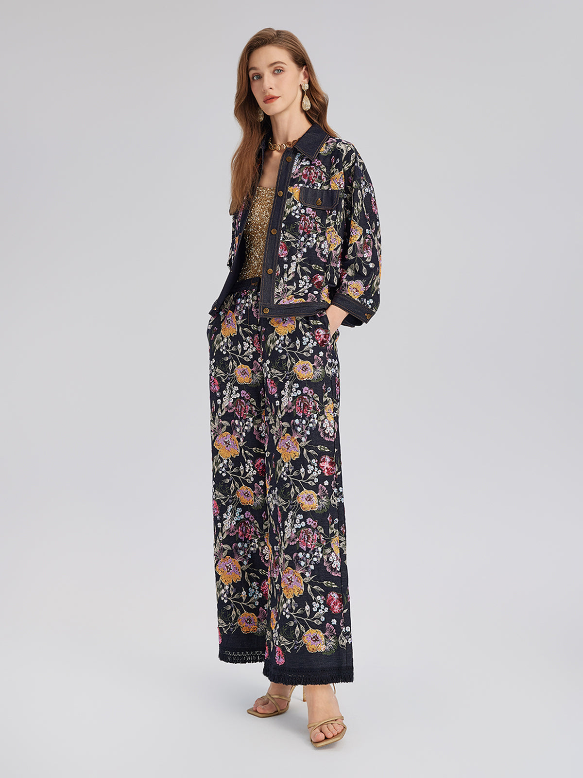Sequin-Embroidered Denim Raw-Edge Pants