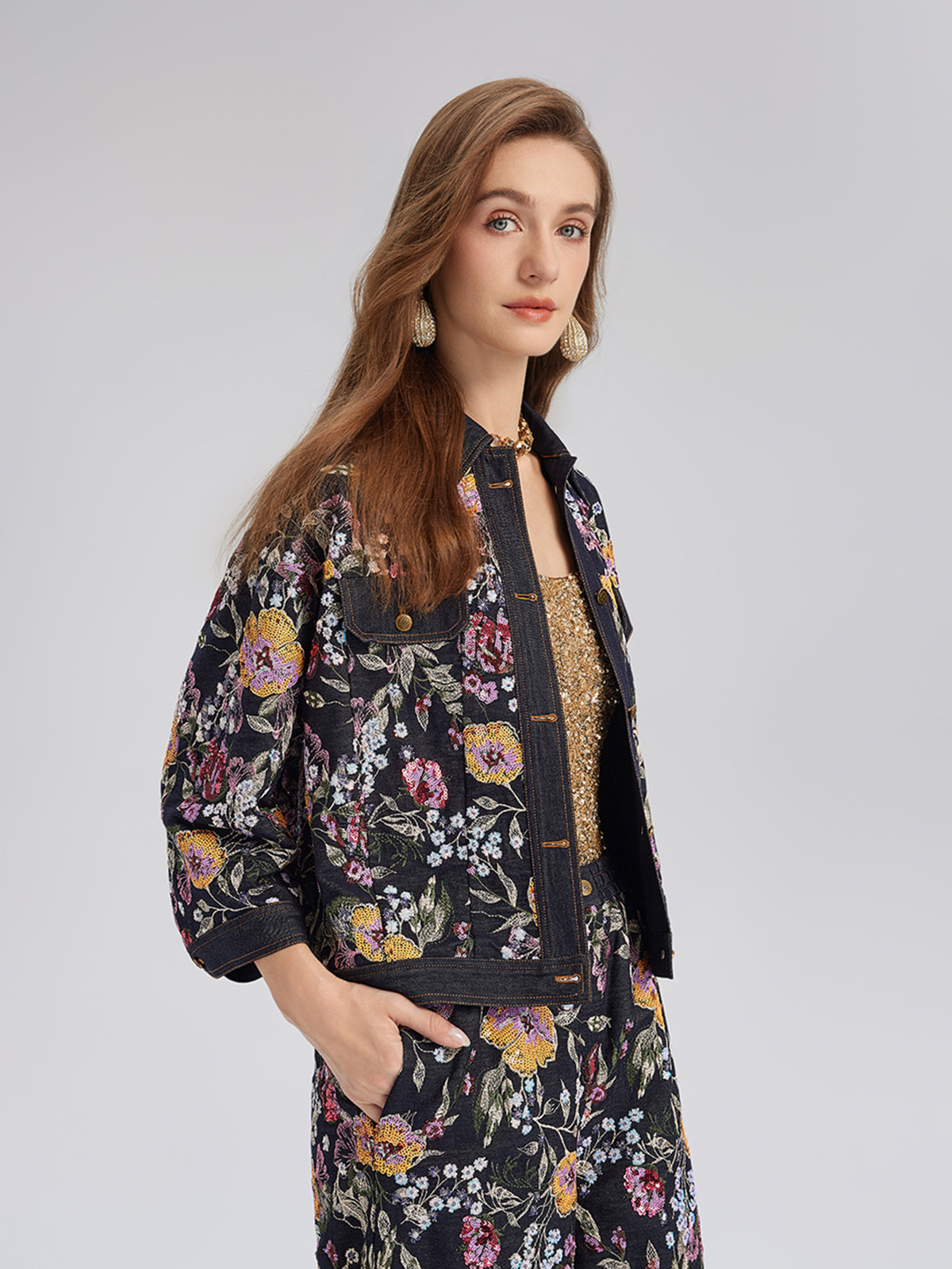 Sequin-Embroidered Floral Denim Jacket