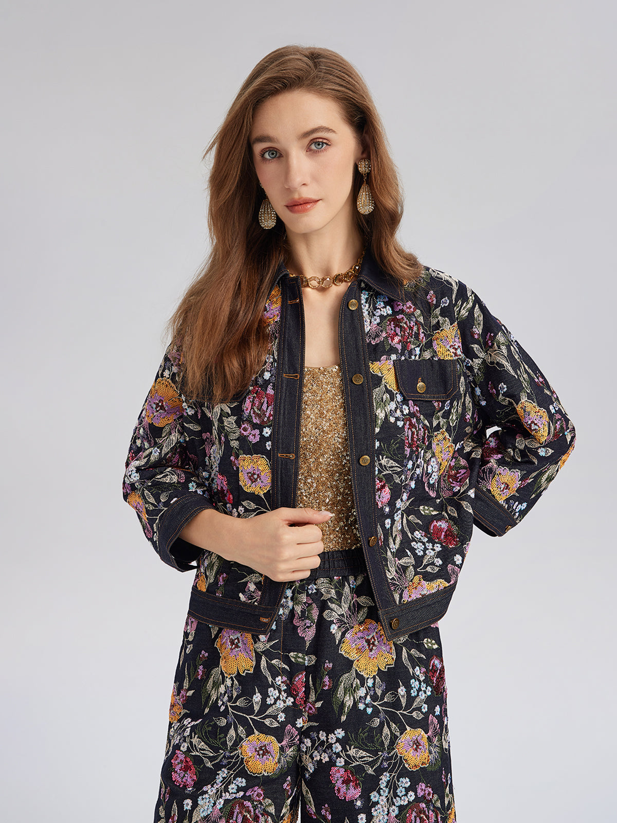Sequin-Embroidered Floral Denim Jacket