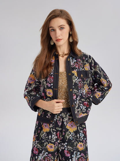 Sequin-Embroidered Floral Denim Jacket