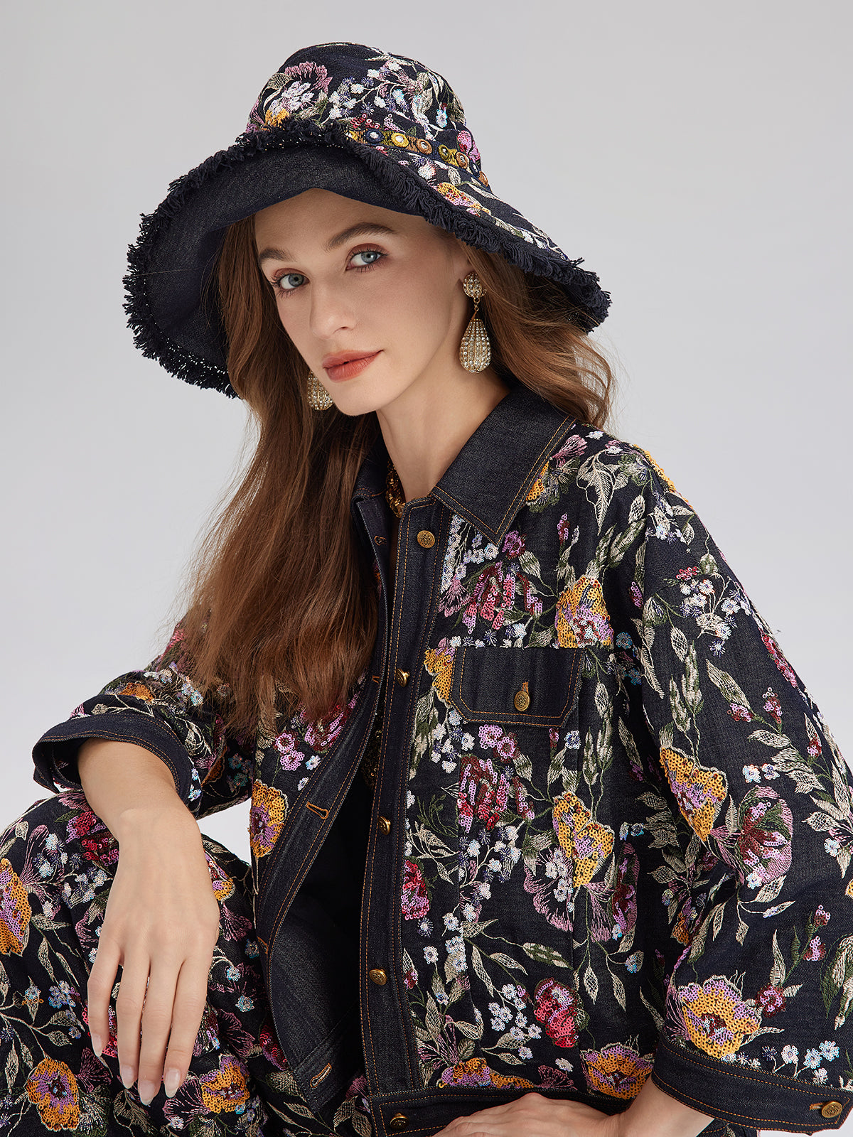 Sequin-Embroidered Floral Denim Jacket