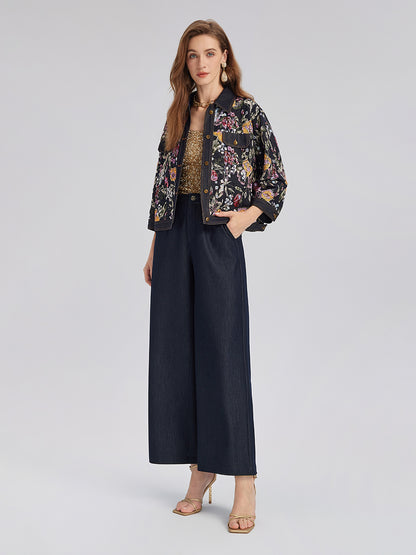 Sequin-Embroidered Floral Denim Jacket