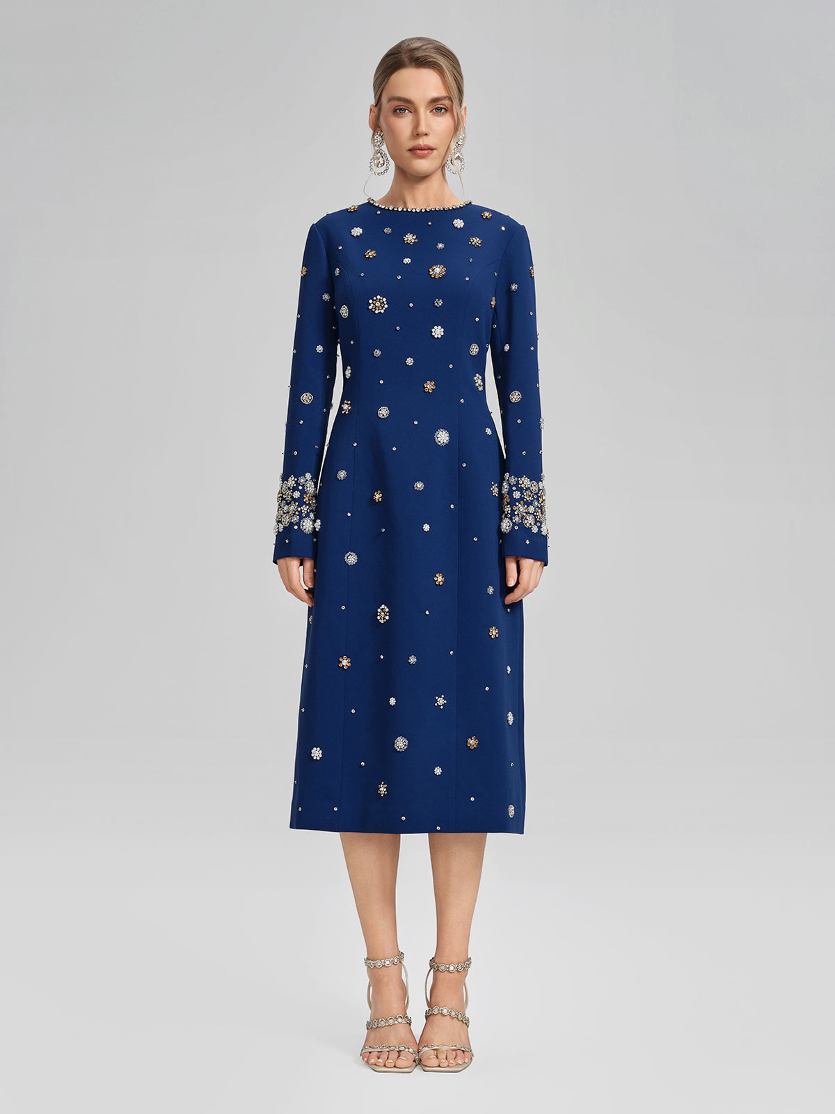 Hand-Beaded Long-Sleeve NAVY Dress, NAVY / M