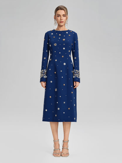 Hand-Beaded Long-Sleeve Navy Dress