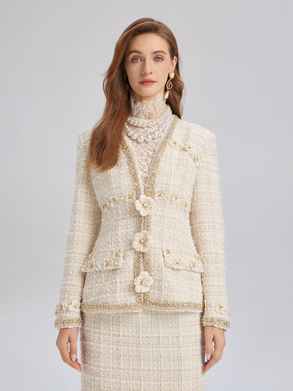 Two-Tone Check Tweed Hand-Beaded Floral Jacket (Matching Scrunchie Included)