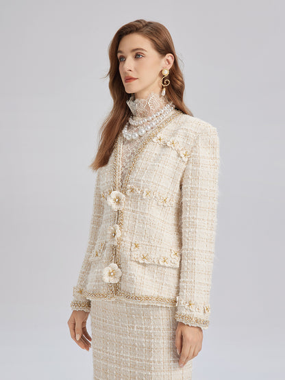 Two-Tone Check Tweed Hand-Beaded Floral Jacket (Matching Scrunchie Included)