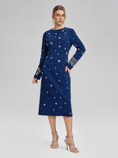 Hand-Beaded Long-Sleeve Navy Dress