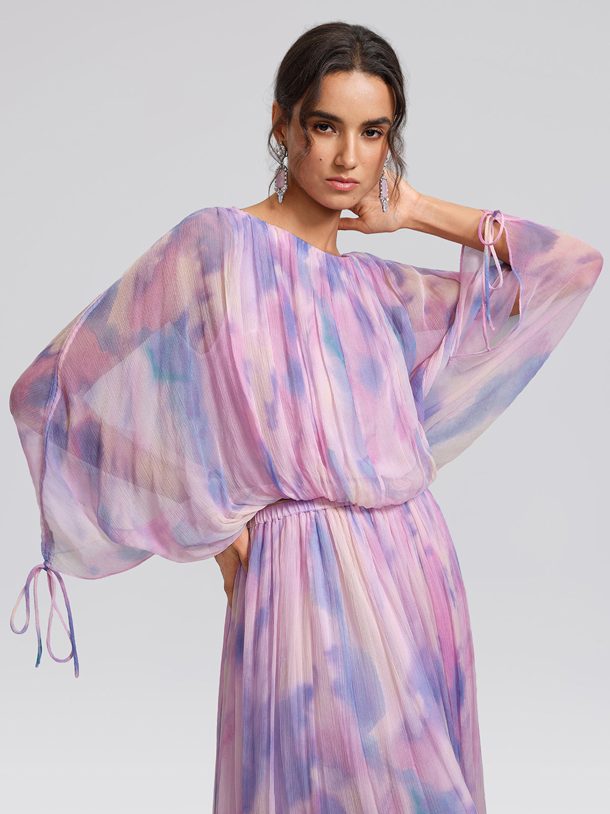 Silk Batwing Sleeve Waist-Defined Top & Skirt Set