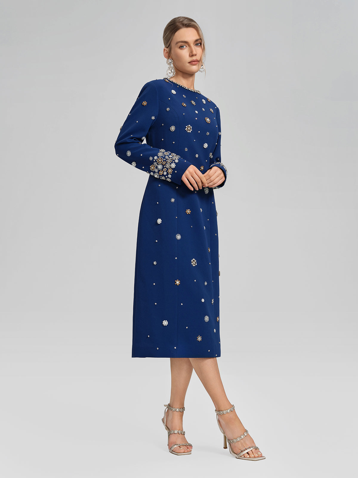 Hand-Beaded Long-Sleeve Navy Dress