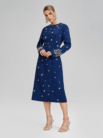 Hand-Beaded Long-Sleeve Navy Dress