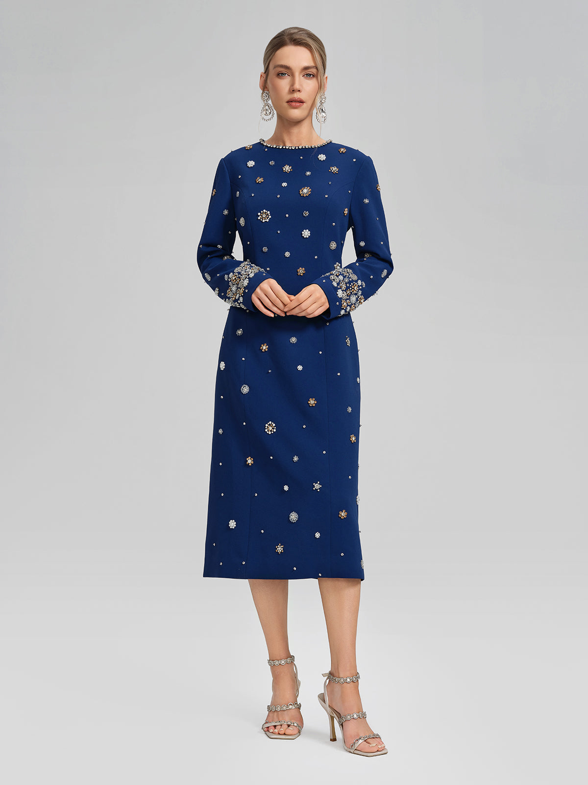 Hand-Beaded Long-Sleeve Navy Dress
