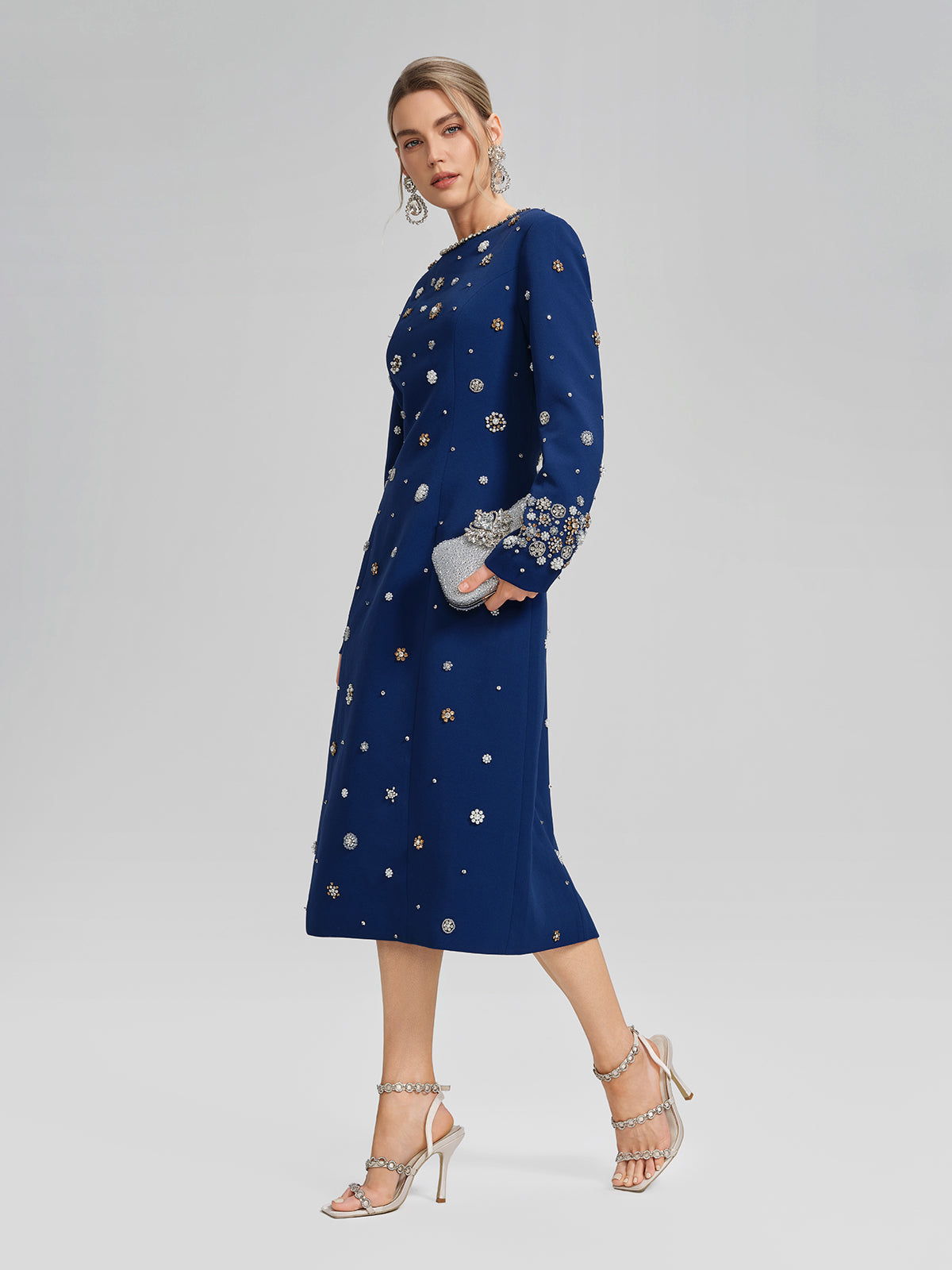 Hand-Beaded Long-Sleeve Navy Dress