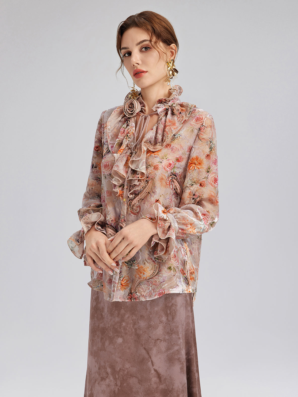 Silk Velvet Devoré Rose Pink Ruffle Blouse