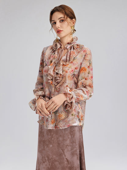 Silk Velvet Devoré Rose Pink Ruffle Blouse