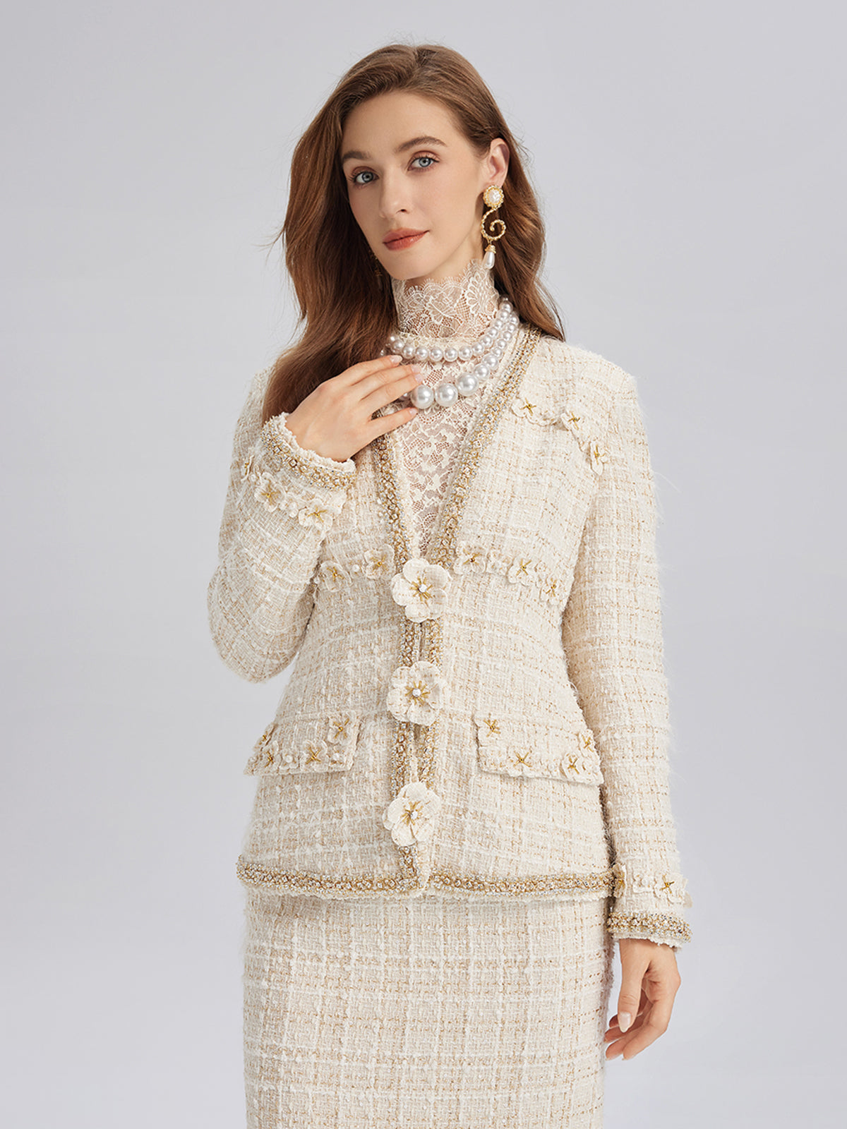 Two-Tone Check Tweed Hand-Beaded Floral Jacket (Matching Scrunchie Included)