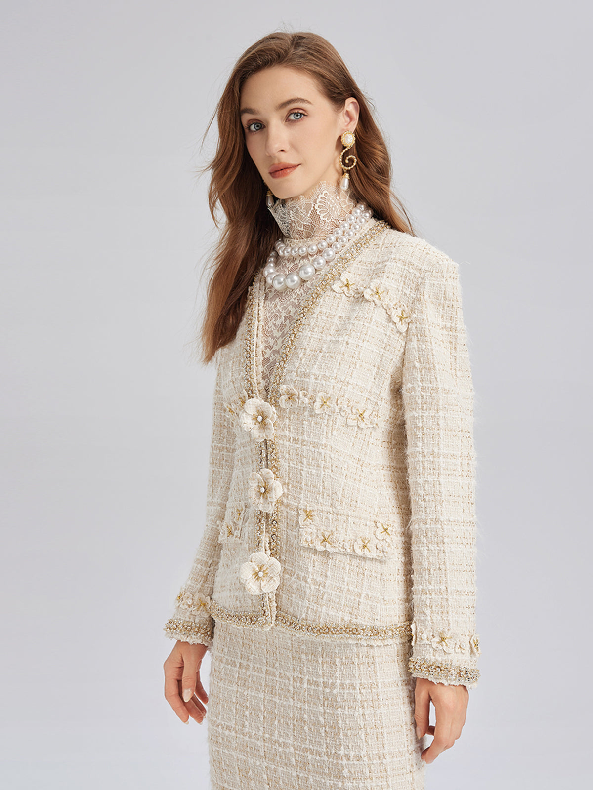 Two-Tone Check Tweed Hand-Beaded Floral Jacket (Matching Scrunchie Included)