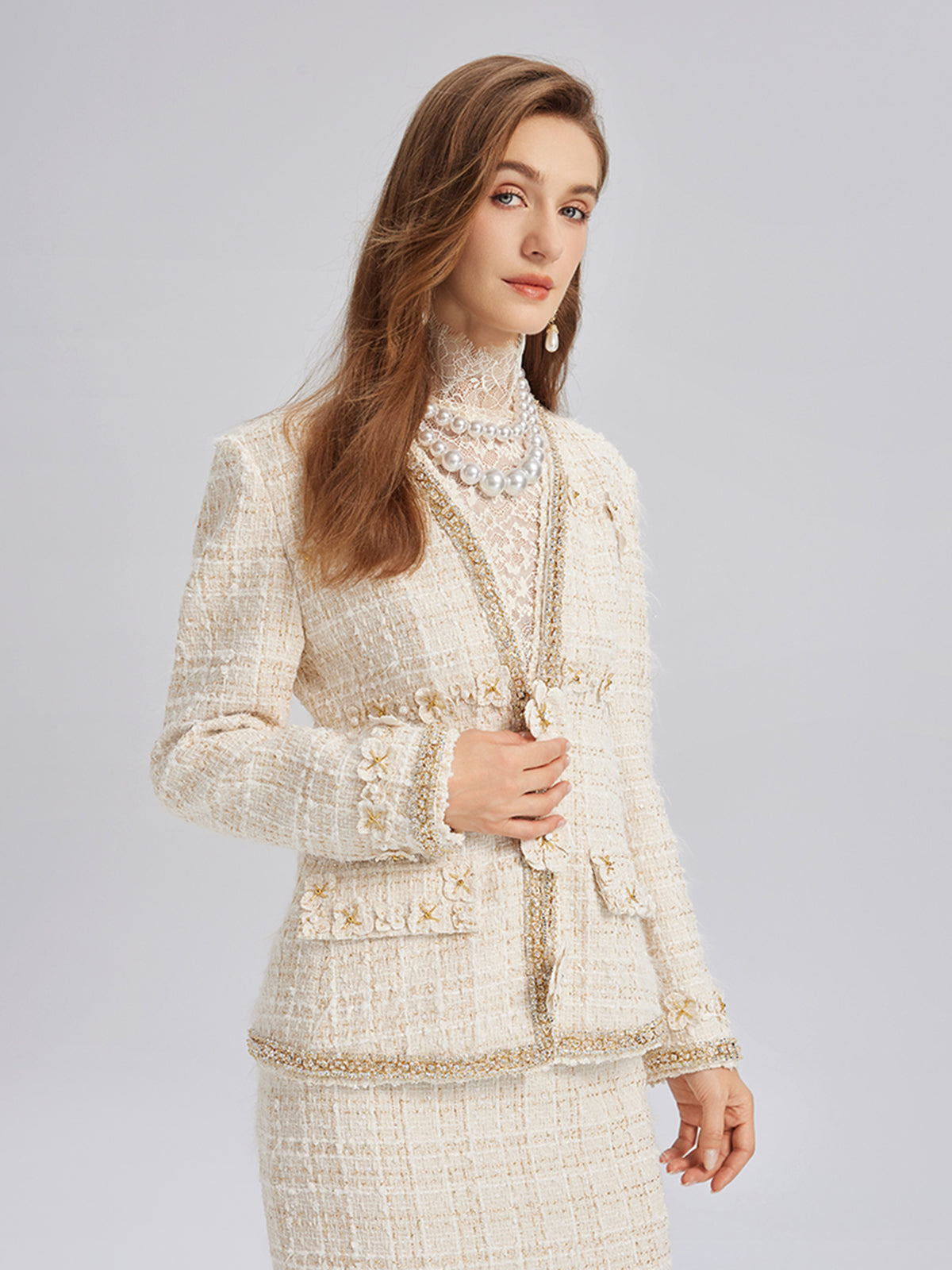 Two-Tone Check Tweed Hand-Beaded Floral Jacket (Matching Scrunchie Included)