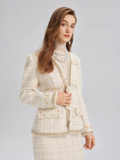 Two-Tone Check Tweed Hand-Beaded Floral Jacket (Matching Scrunchie Included)