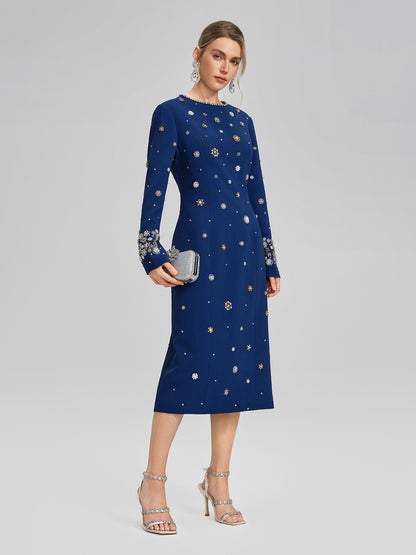 Hand-Beaded Long-Sleeve Navy Dress
