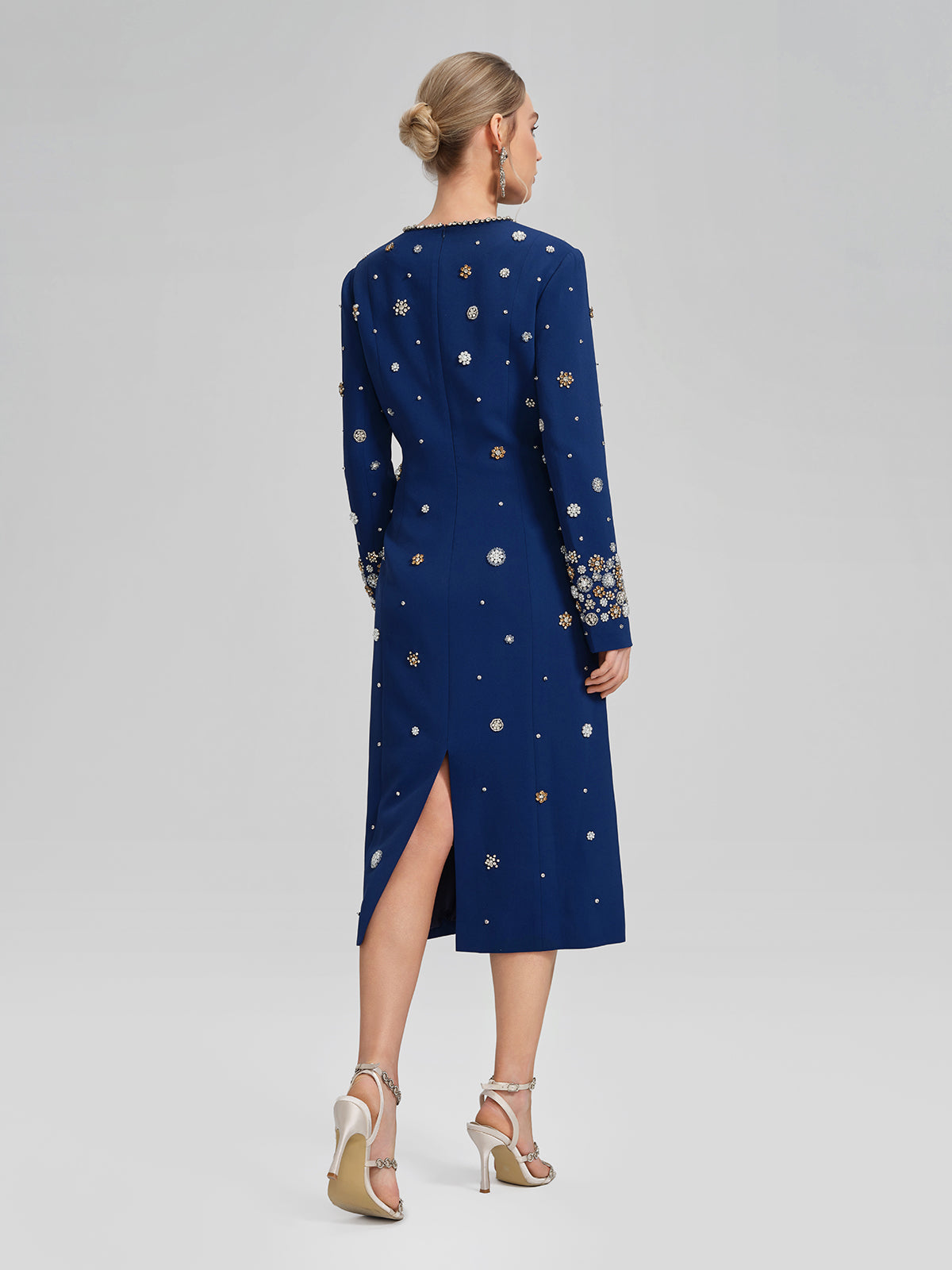 Hand-Beaded Long-Sleeve Navy Dress
