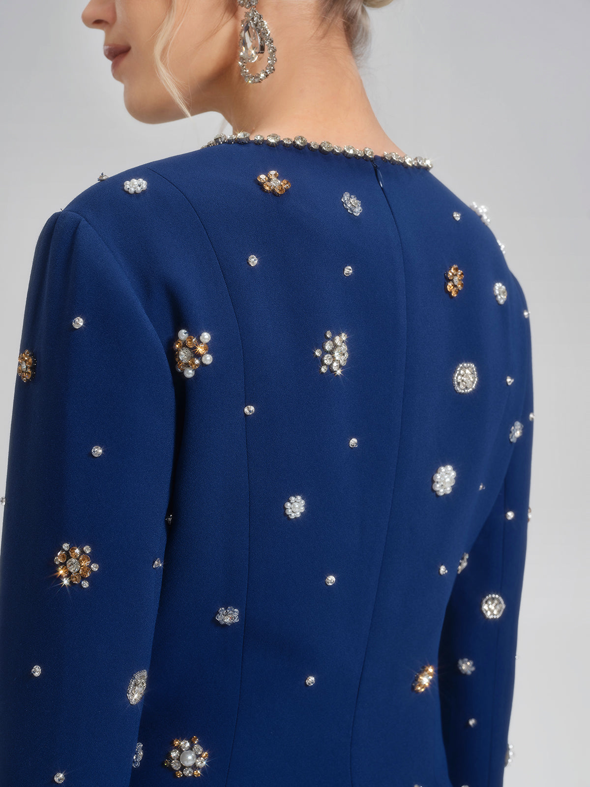 Hand-Beaded Long-Sleeve Navy Dress