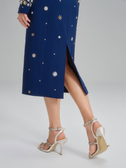 Hand-Beaded Long-Sleeve Navy Dress