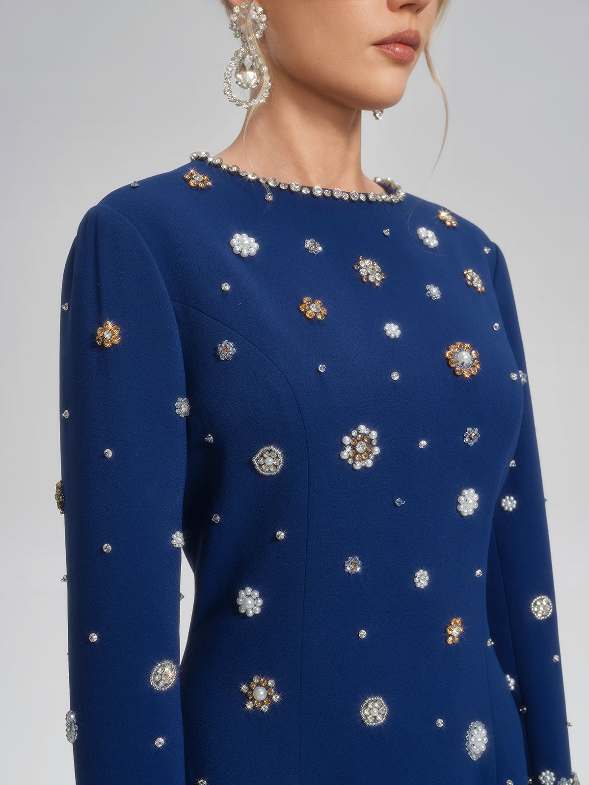 Hand-Beaded Long-Sleeve Navy Dress