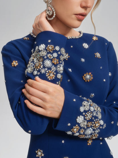 Hand-Beaded Long-Sleeve Navy Dress