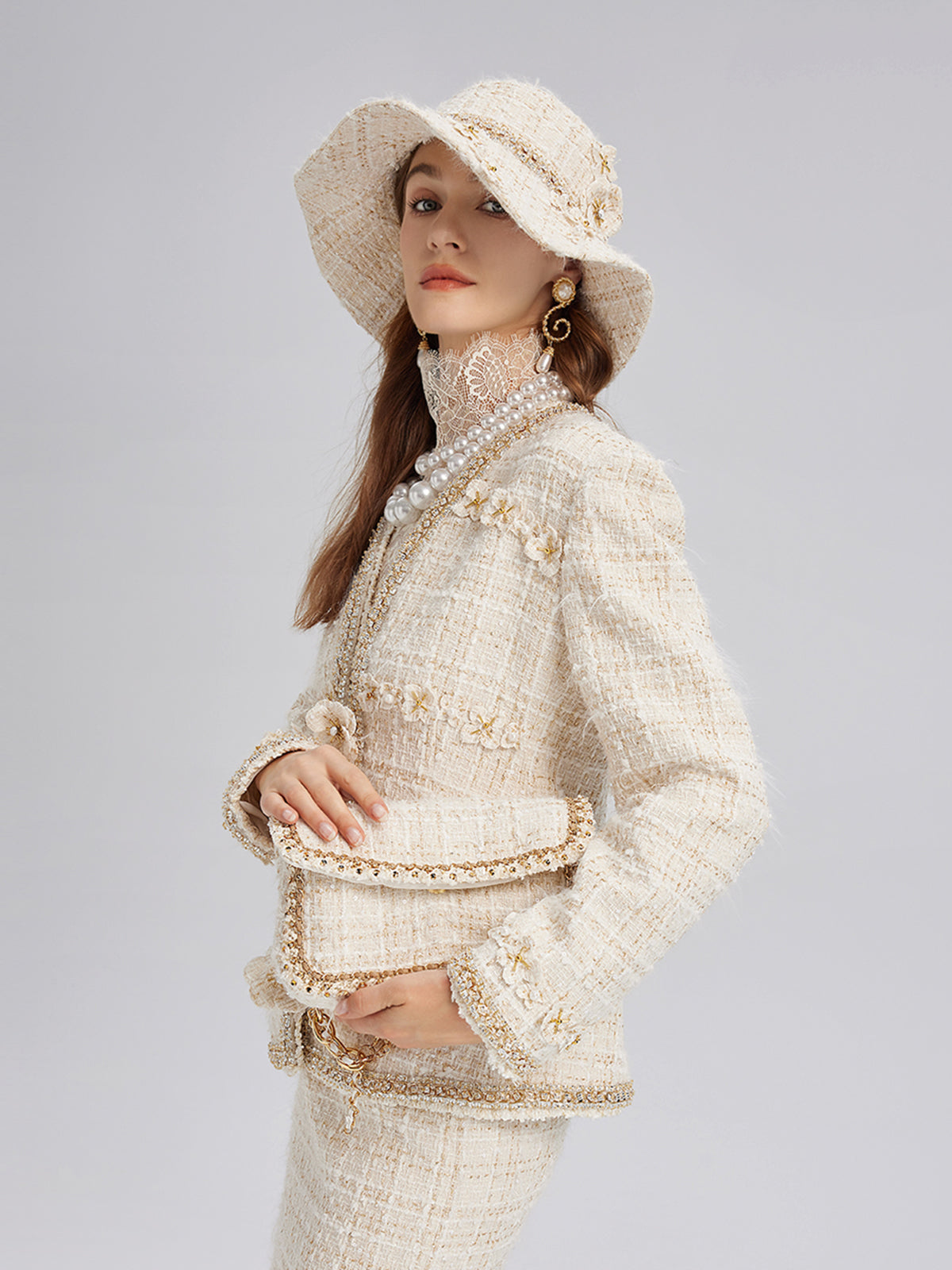 Two-Tone Check Tweed Hand-Beaded Floral Jacket (Matching Scrunchie Included)