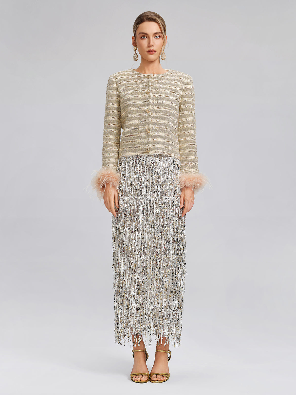 Crystal-Embellished Feather-Trim Jacket