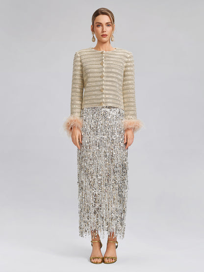Crystal-Embellished Feather-Trim Jacket