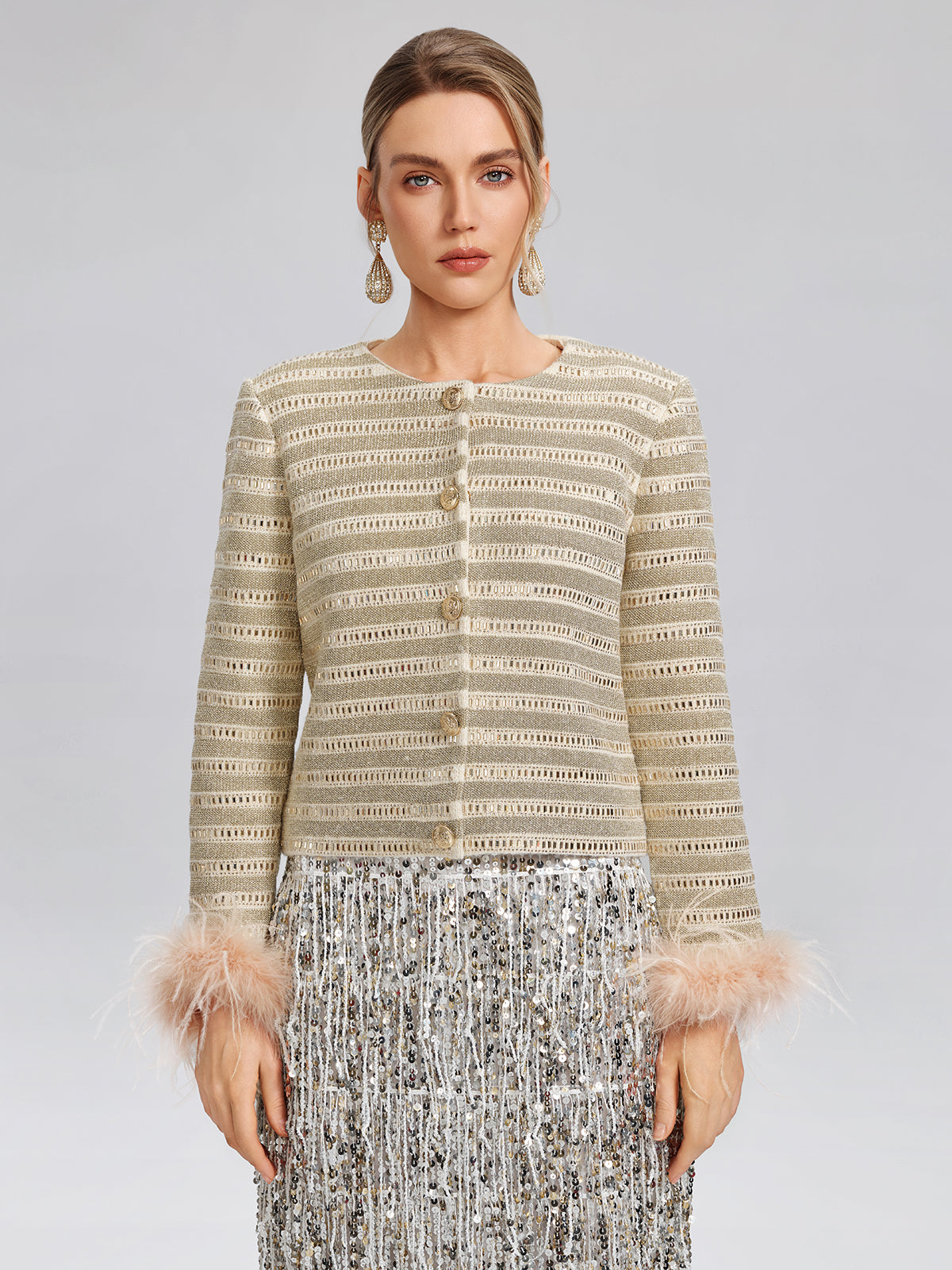 Crystal-Embellished Feather-Trim Jacket