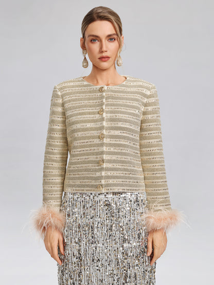 Crystal-Embellished Feather-Trim Jacket