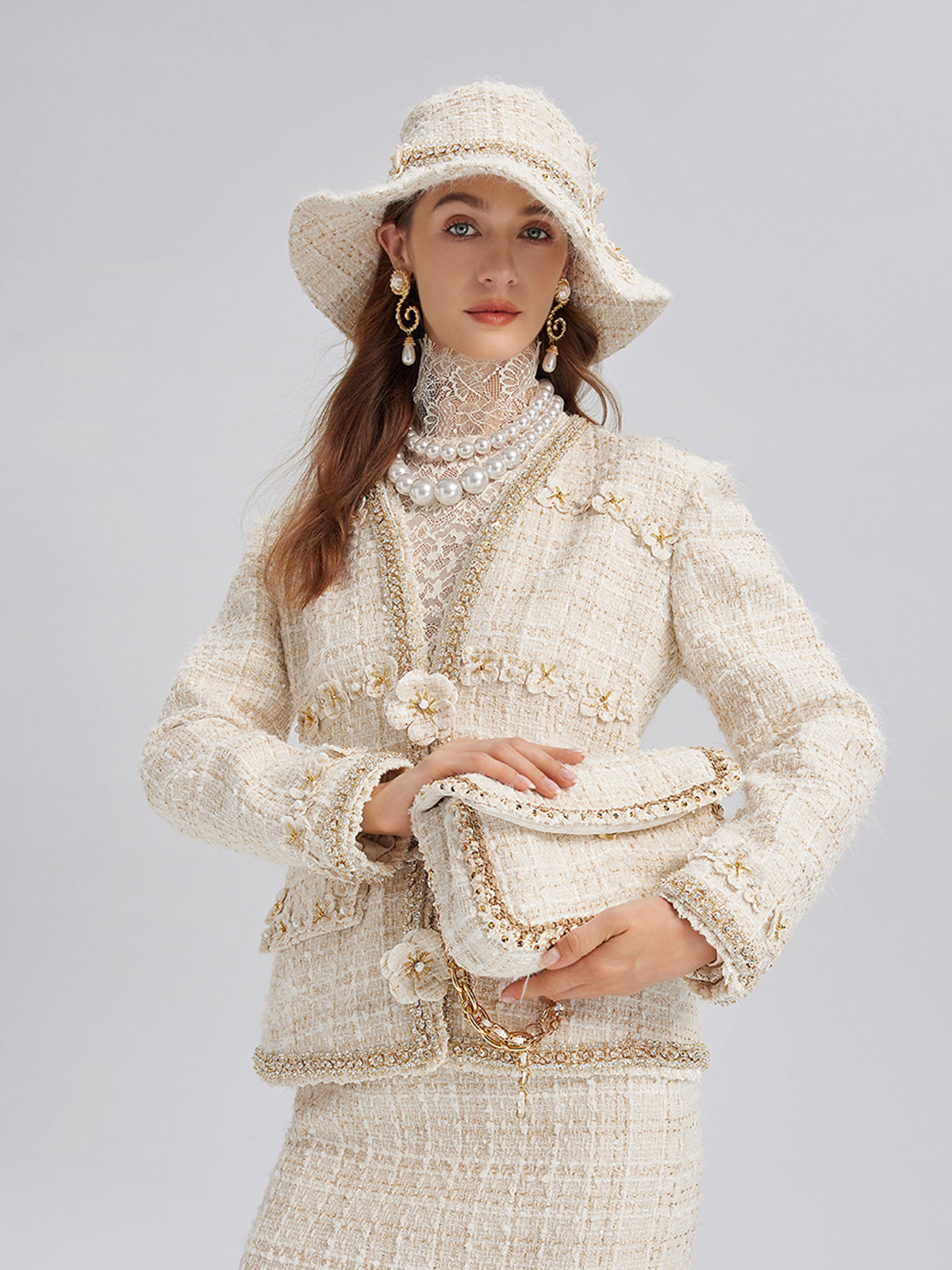 Two-Tone Check Tweed Hand-Beaded Floral Jacket (Matching Scrunchie Included)