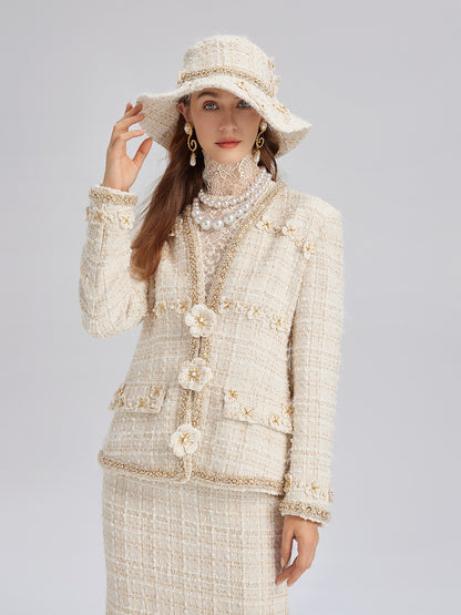 Two-Tone Check Tweed Hand-Beaded Floral Jacket (Matching Scrunchie Included)