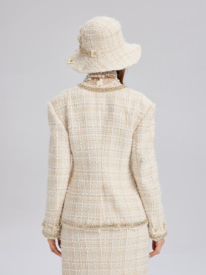 Two-Tone Check Tweed Hand-Beaded Floral Jacket (Matching Scrunchie Included)