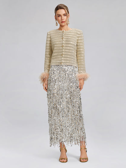 Crystal-Embellished Feather-Trim Jacket