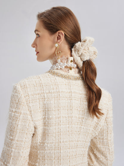 Two-Tone Check Tweed Hand-Beaded Floral Jacket (Matching Scrunchie Included)