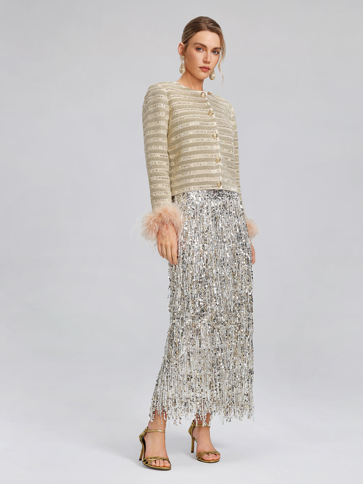 Crystal-Embellished Feather-Trim Jacket