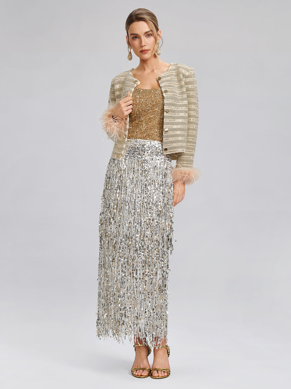 Crystal-Embellished Feather-Trim Jacket