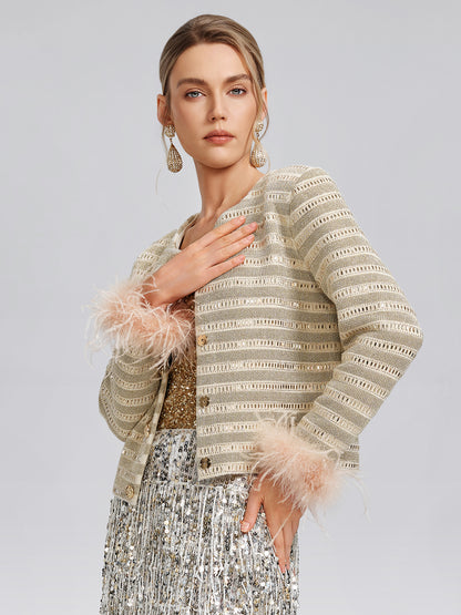 Crystal-Embellished Feather-Trim Jacket
