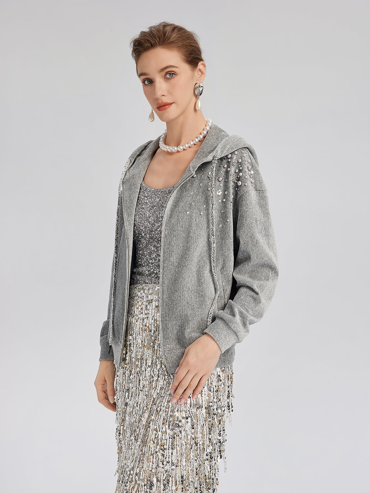 Chenille Ribbed Beaded Hooded Zip Jacket