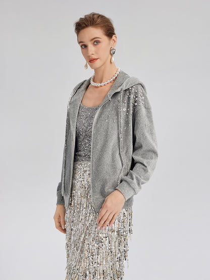 Chenille Ribbed Beaded Hooded Zip Jacket