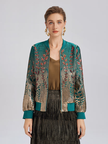 Hand-Sewn Beaded Gradient Baseball Jacket